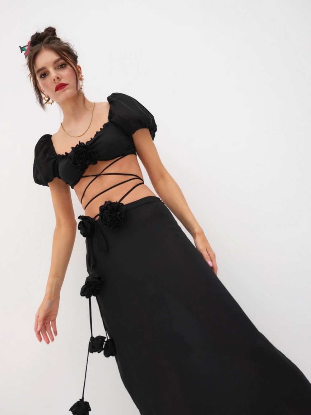 For Love & Lemons Adella Top & Melody Midi Skirt Set Black Rosette | M - Picture 3 of 16